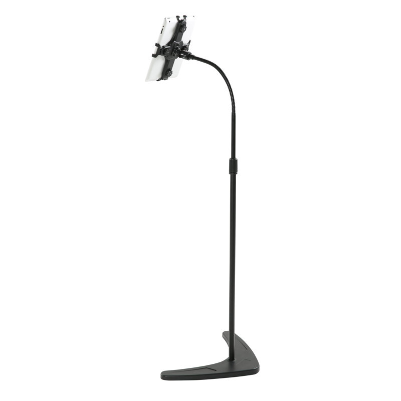 M&T Displays Floor Standing Universal Tablet Stand–Black Adjustable Holder with Flexible Gooseneck, 360° Swivel, Height Adjustable Aluminum Base–Compatible with iPads, Tablets, E-Readers, and Kindles
