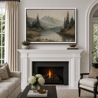 «Misty Mountain Lake with Pine Forest», reproduction d'art sur toile encadrée très grande