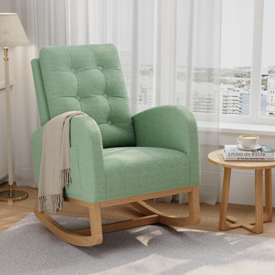 High-Back Nursery Rocking Chair with Stuffed Fleece Upholstery & Sturdy Wood Legs, Comfortable Glider for Living Room or Bedroom, Light Green (No Footrest)