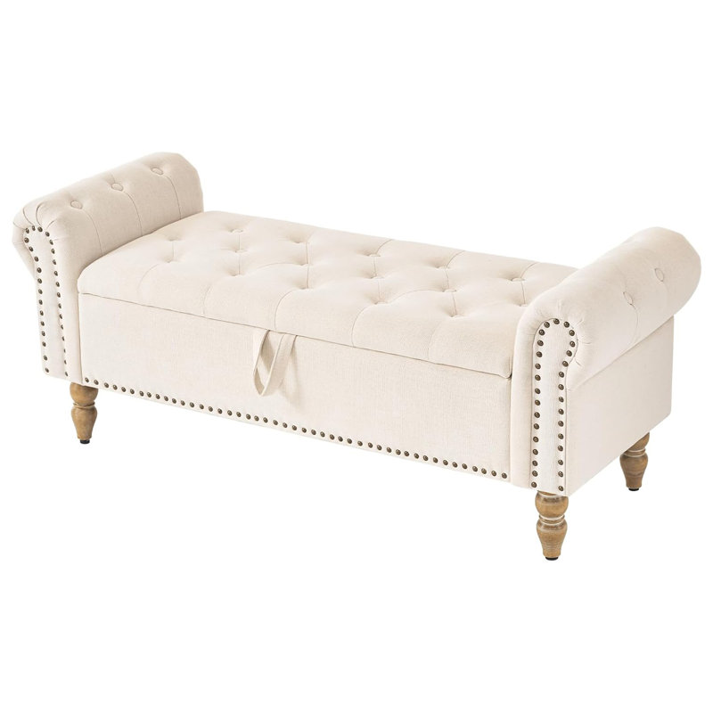 Banc de rangement Mid-Century moderne, banc rembourré en similicuir de 51 po de large avec accoudoirs, grand banc d'entrée en bois pour le salon, la chambre à coucher
