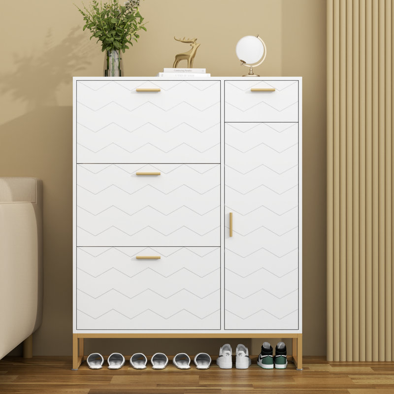 White MDF Shoe Storage Cabinet with Gold Metal Handles