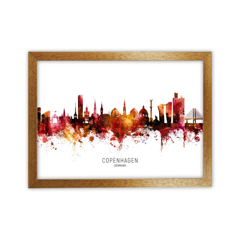 Copenhagen Denmark Skyline Red City Name by Michael Tompsett - Print, Oak Framed, 46cm H x 63cm W x 3cm D