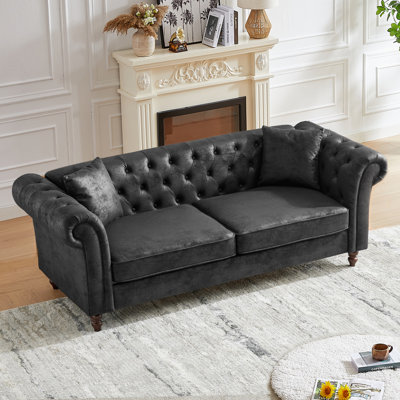 Canapé de style Mid-Century à 2 places avec accoudoirs roulés et canapé en tissu 66 po Chesterfield Tech
