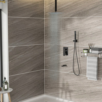 Système de douche en bronze huilé - Bec de baignoire cascade de 30 cm (12 pouces) à fixation au plafond, 3 fonctions avec effet pluie et douchette. Installation facile, hygiène garantie, joint en caoutchouc huilé, entretien sanitaire.