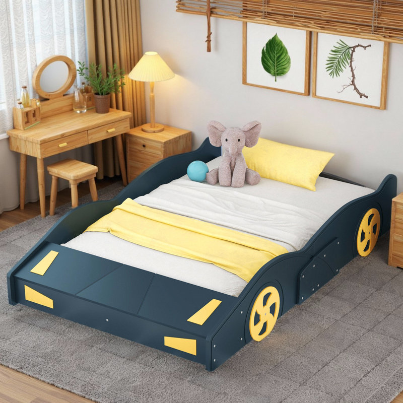 Lit plateforme pour enfants avec rangement innovant, Lit double, Bleu