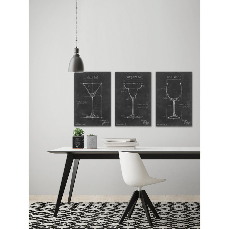 «Flippen Barware Blueprint» par Marmont Hill - ensemble de 3 reproductions de dessins sur toile tendue, H 30 po x l 20 po