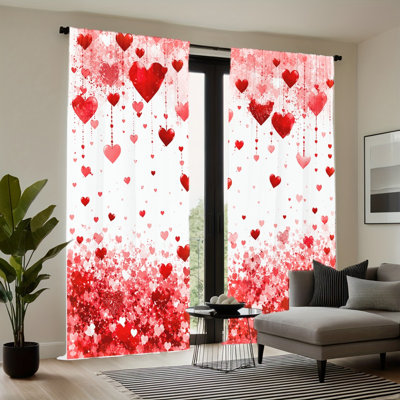 2PCS Red Heart Pattern Light Filtering Curtains with Hanging Beads Design, Valentine's Day Theme Decor, Easy Hang Rod Pocket, All-Season Curtains for Home Living Room Bedroom Celebration Decoration