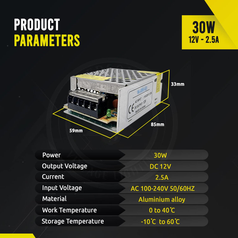 LED Transformer Power Supply Adapter, 240V AC to 12V DC Constant Voltage Driver for LED Strip Lights and Cabinet Lighting, 30