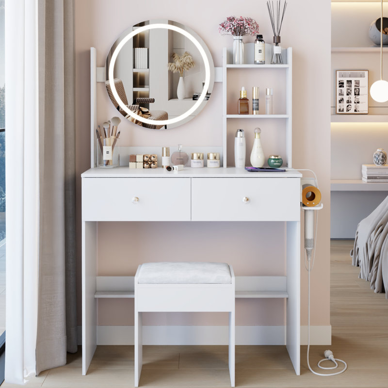 17" Round Led Vanity Table And Cushioned Stool , 3 - Color Adjustable System, Touch Controlled Mirror , Built In 2 Ac + 1 Type C Ports, Large Desktop, Multi Layer Storage, American Design, White