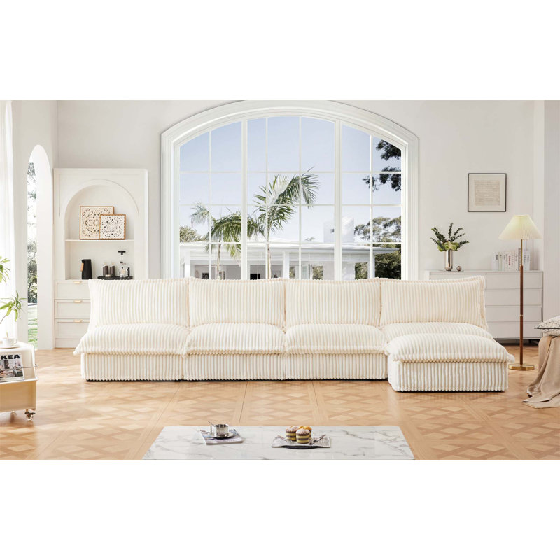 Canapé modulaire polyvalent avec repose-pieds amovible pour le confort du salon, Velours côtelé crème