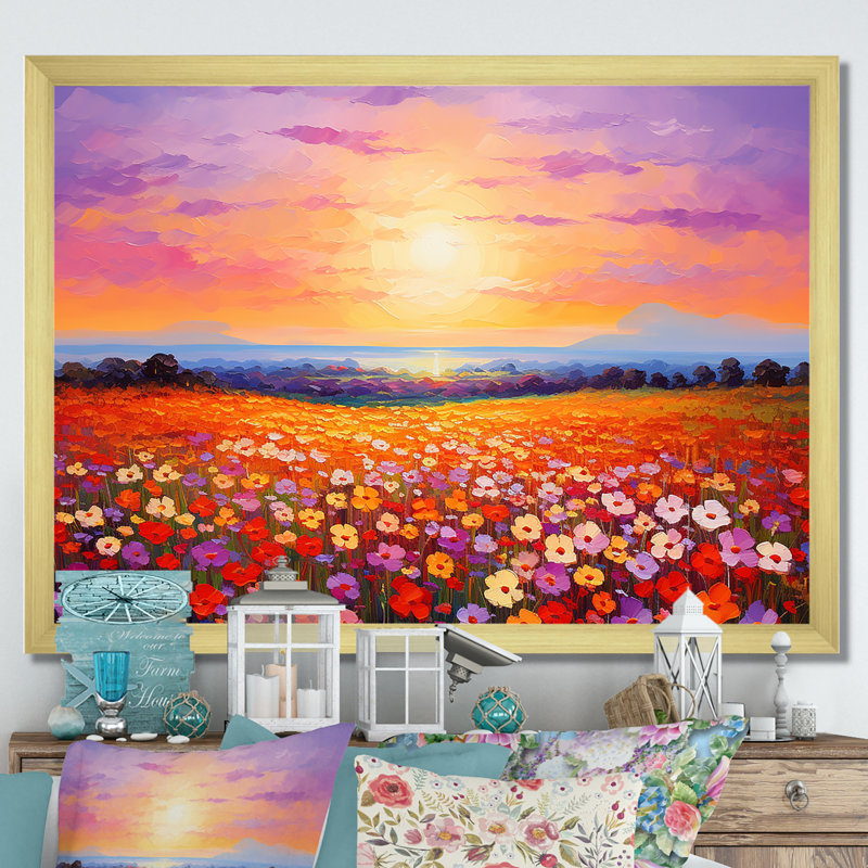 «Calming Pastel Horizon Flowers Fields», art mural sur toile fleur, Cadre doré simple, H 34 po x l 44 po x P 1,5 po