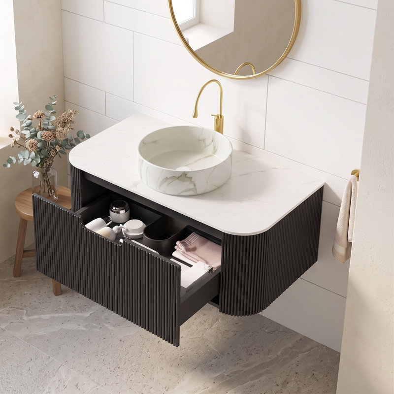 Meuble-lavabo mural de 36 po en contreplaqué, noir, à bord arrondi avec tiroir de rangement imperméable et résistant à l'humidité, pré-assemblé