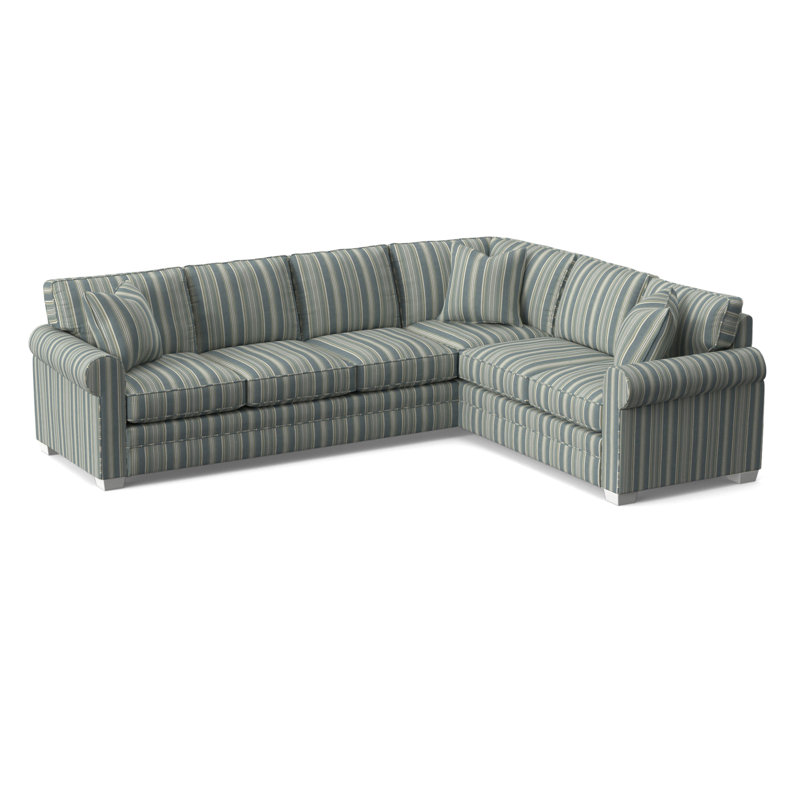 Bedford Upholstered L-Sectional, Green and Blue Stripe; 0252-54, Frost White Finish, Right Hand Facing