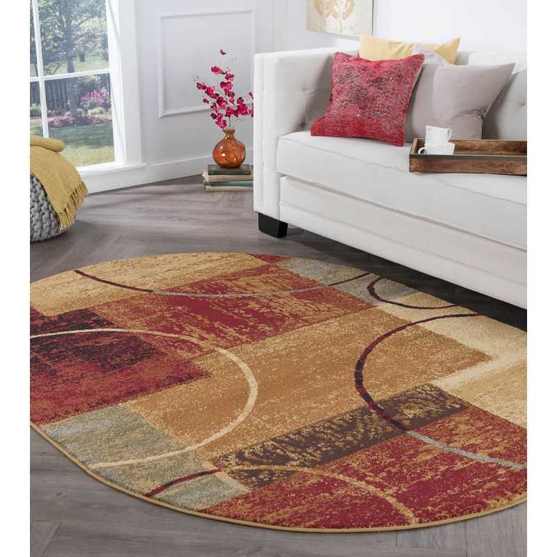 Tapis rouge / brun à motif abstrait Abercorn, Ovale 5 pi 3 po x 7 pi 3 po