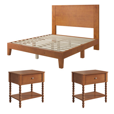 3 Piece Solid Wood Bedroom Set With Full Size Bed Frame And 2 Turned Nightstands, Brown