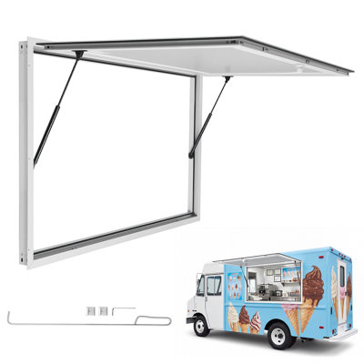 Concession Window 36x36 in Aluminum Alloy Frame Service Window, for Food Truck, Up to 85 Degrees Stand Serving with 4 Sliding Screen Windows, Awning Door and Drag Hook, Rainwater Resistant
