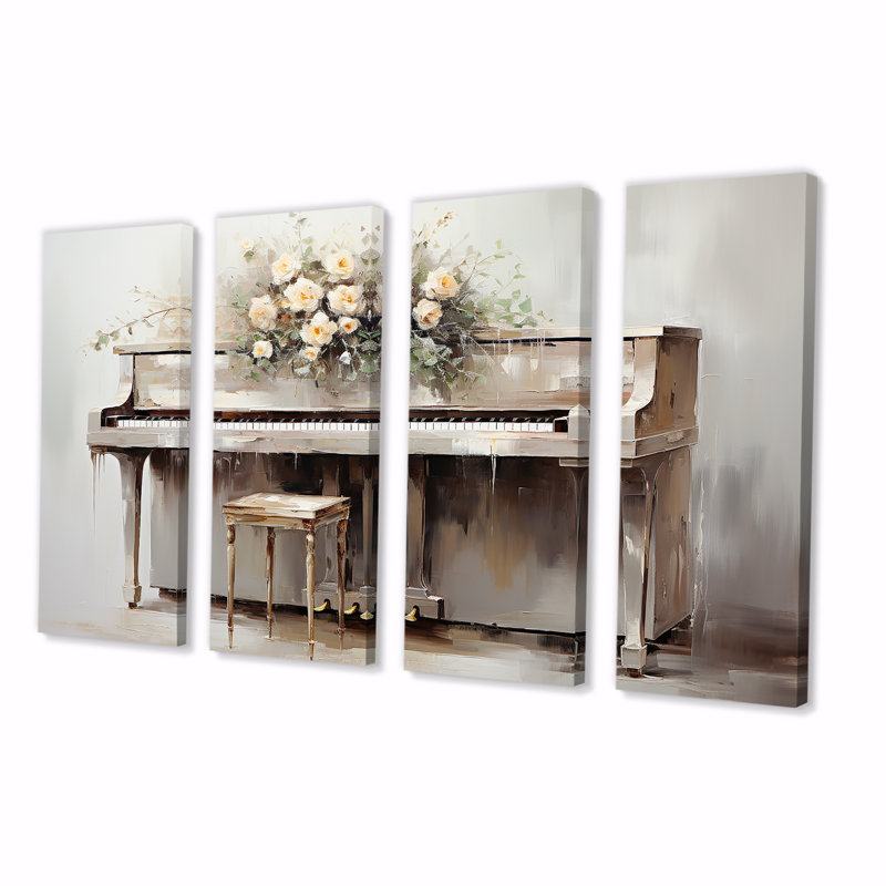 «White Timeless Floral Piano - Music», ensemble de 4 pièces d'art mural, H 28 po x l 48 po