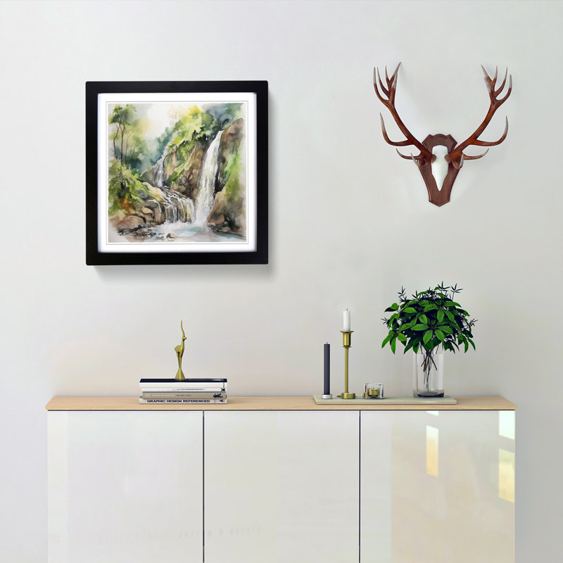 Waterfall Watercolour No.1 - Framed Print, Black