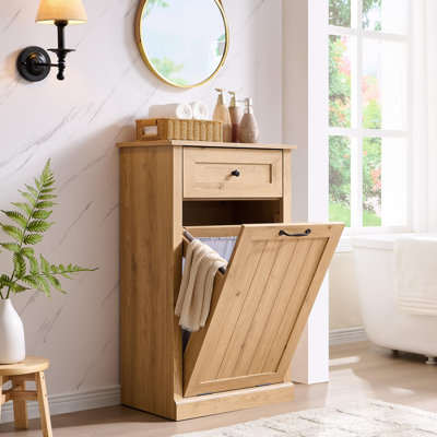 Tilt Out Laundry Hamper Cabinet, Trash Can Cabinet, 10 Gallon Farmhouse Trash Cabinet w/Drawer, Hidden Wood Garbage Can Cabinet w/Laundry Storage Basket for Bathroom, Kitchen, (Natural)