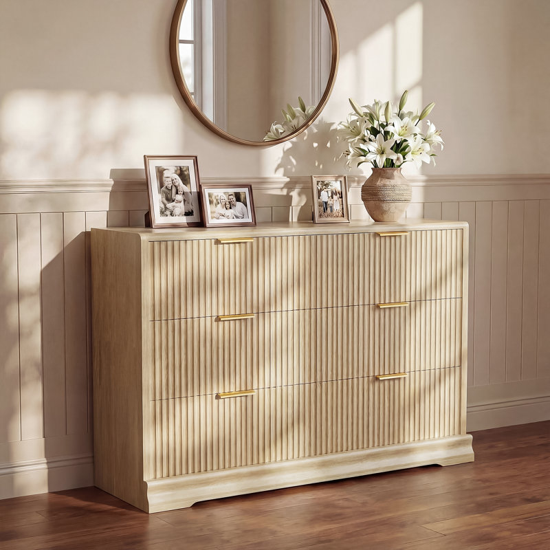 Fluted 6-Drawer Dresser with Solid Wood Base, Beige