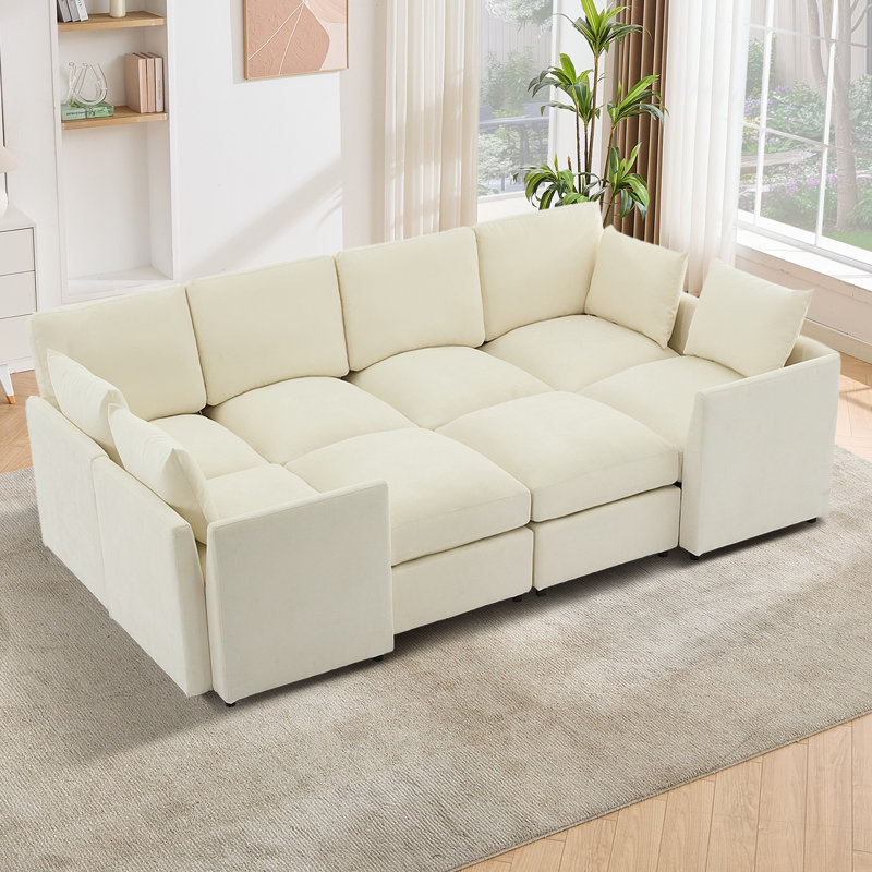 Sarang 110.2" Modern Upholstered Sectional Modular Sofa Bed With Ottomans, Beige Chenille