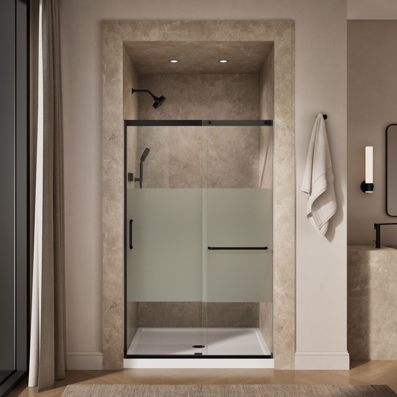 Elate Tall Sliding Shower Door, 75-1/2-In H X 50-1/4 - 53-5/8-In W, With Heavy 5/16-In Thick Crystal Clear Glass With Privacy Band
