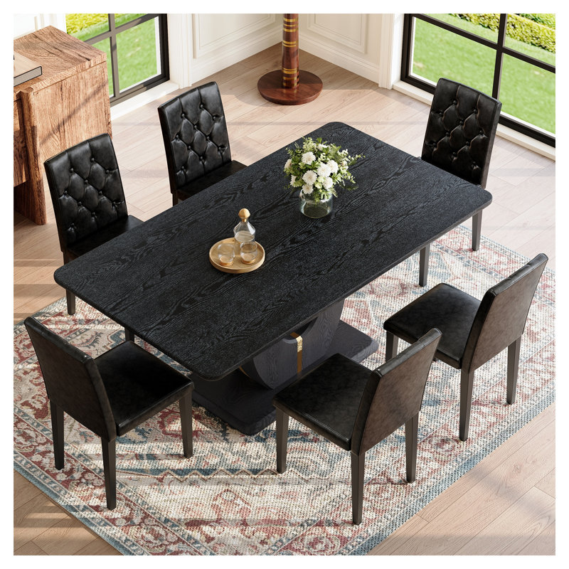 Ensemble de table de salle à manger moderne en grain de bois noir pour 6 personnes avec chaises capitonnées en cuir synthétique