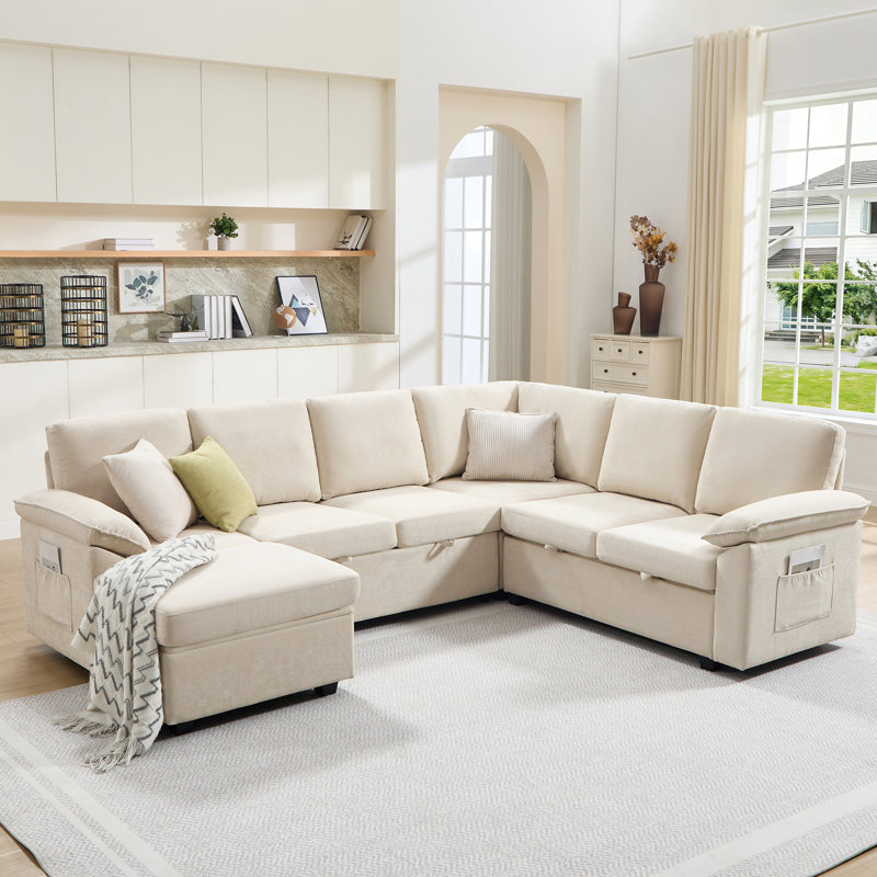 U-Shaped Sleeper Sectional Sofa Bed with Pull-Out Bed and Storage for Living Room ,Off-white, Off-white