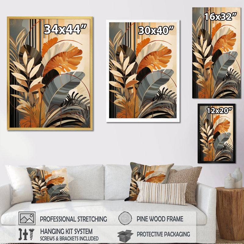 Funky Foliage In Terracotta Tons - Abstract Botanicals, art mural, H 40 po x l 30 po x P 1,5 po, Cadre flottant blanc