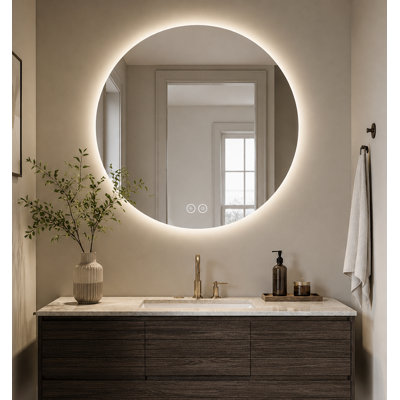 Miroir de salle de bain rond 32 pouces à DEL sans cadre avec éclairage tricolore à intensité variable, antibuée et incassable, verre argenté sans cuivre de 5 mm
