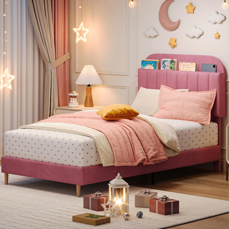 Twin Bed Frames, Upholstered Platform Bed Frame with Bookcase Headboard, Pink