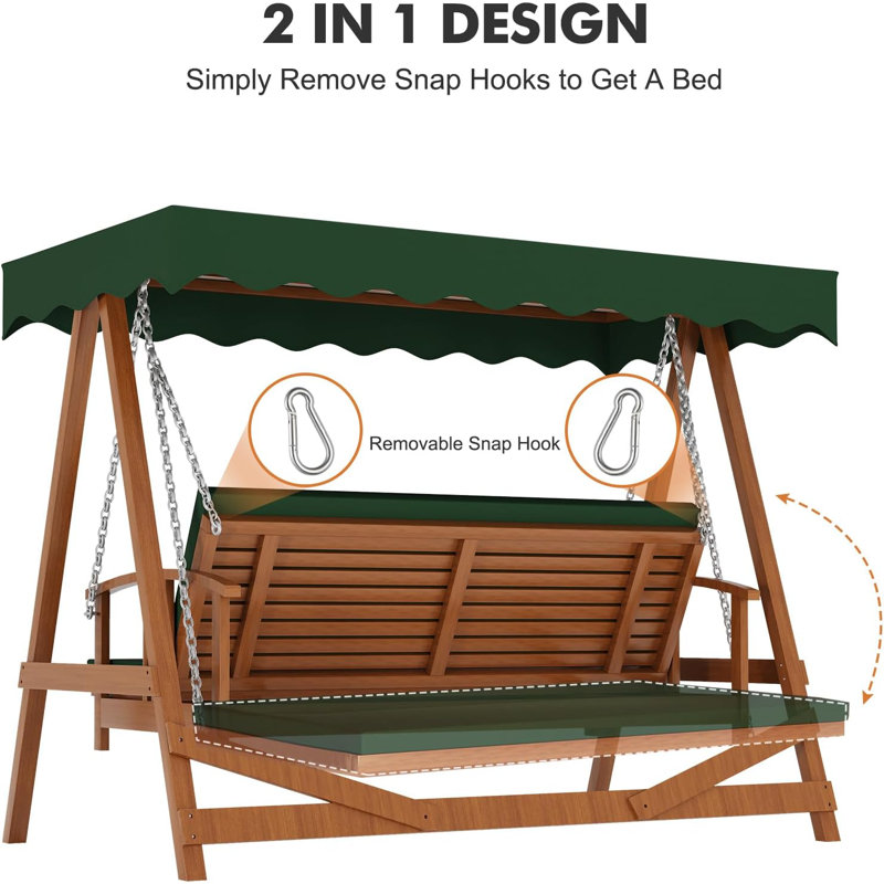 Green Wooden 3-Seater Patio Swing with Adjustable Canopy and Removable Cushion