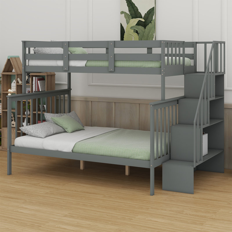 Bunk Bed With Storage Stairway And Guard Rail For Bedroom, Gray