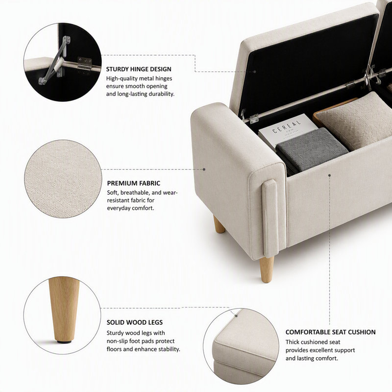 Banc de rangement rembourré avec couvercles doubles et accoudoirs, Beige