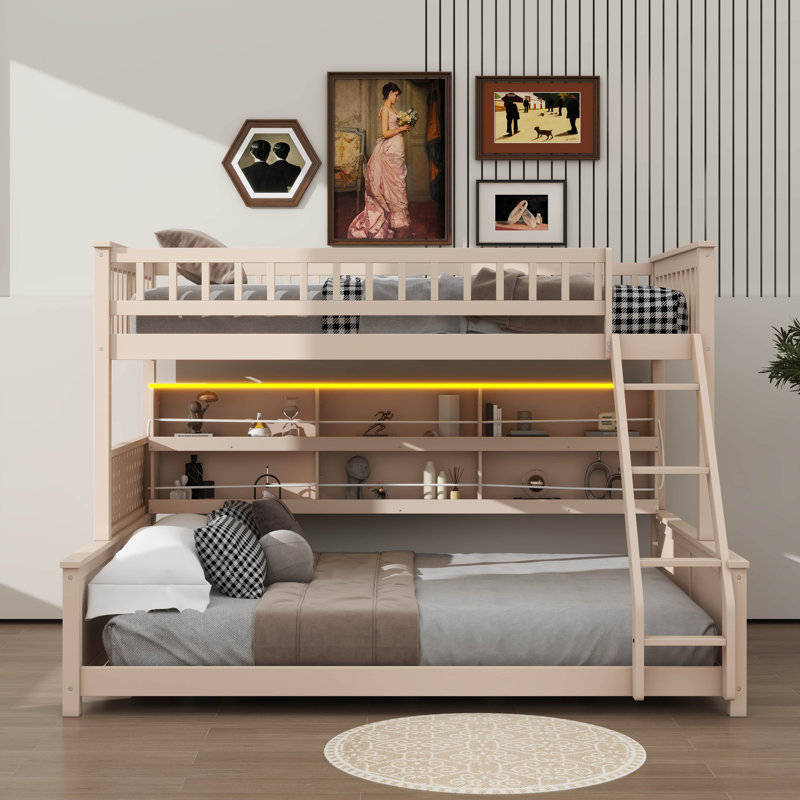 Bunk Bed With Integrated Shelving, Customizable Lights And Ventilated Panel, Beige, Twin Over Queen