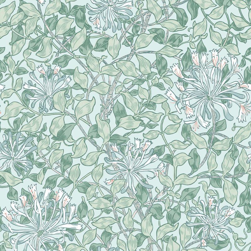 William Morris Honeysuckle Verde Wallpaper, Teal Blue