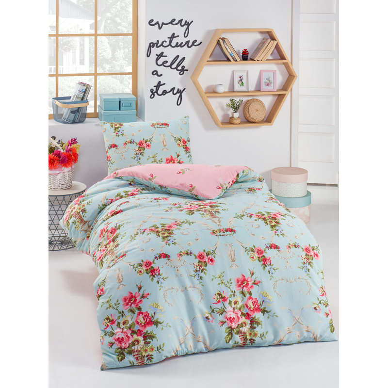 Single Duvet Cover Set, Turquoise & Pink with Red & Green Accents, 55.1 x 78.7 inches | 65% Cotton / 35% Polyester, 120 Thread Count | Machine Washable, Button Closure Duvet & Envelope Pillowcase | Cozy & Stylish Bedding