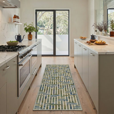 Modern Geometric Maze Machine Washable Runner Rug, Green Blue Beige Low-Pile Non-Slip Rug for Hallway Kitchen