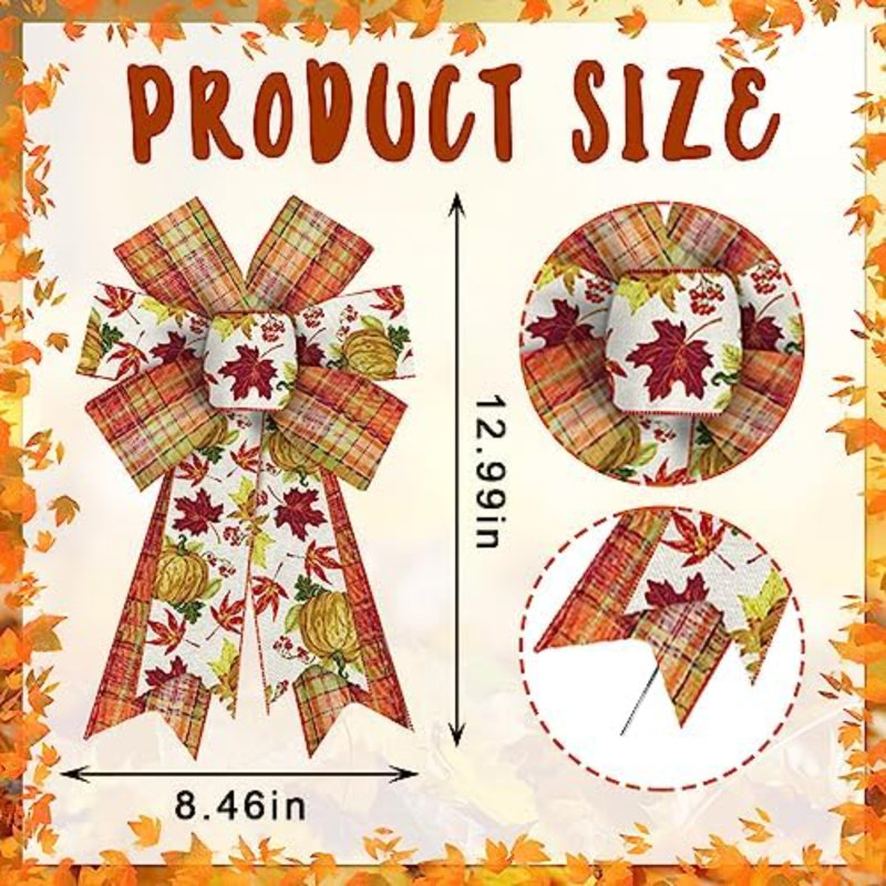 2 Pieces Happy Fall Bows for Wreath, Thanksgiving Wreath Bows Orange Burlap Bow Autumn Harvest Pumpkins Leaves Craft Bow Holiday Farmhouse Bows for Front Door Wall Fall Thanksgiving Decorations