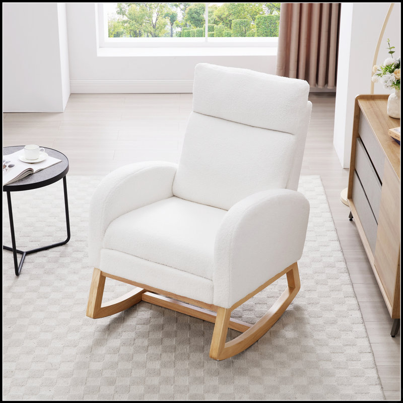 Chaise berçante en tissu Teddy avec repose-pieds réglable, repose-tête épaissi, dossier haut et pochette de rangement, base en bois massif