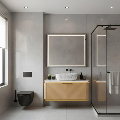 Meuble-lavabo de 36 po avec lavabo, avec tiroirs avec poignées et éclairage activé par le mouvement.