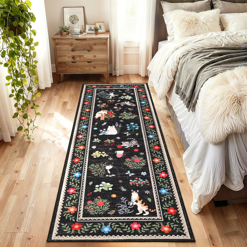Area Rugs Modern Non-Slip Washable Rug Mark Resistant,Floral Farmhouse Carpet,Non-Shedding for Living Room Bedroom, Black