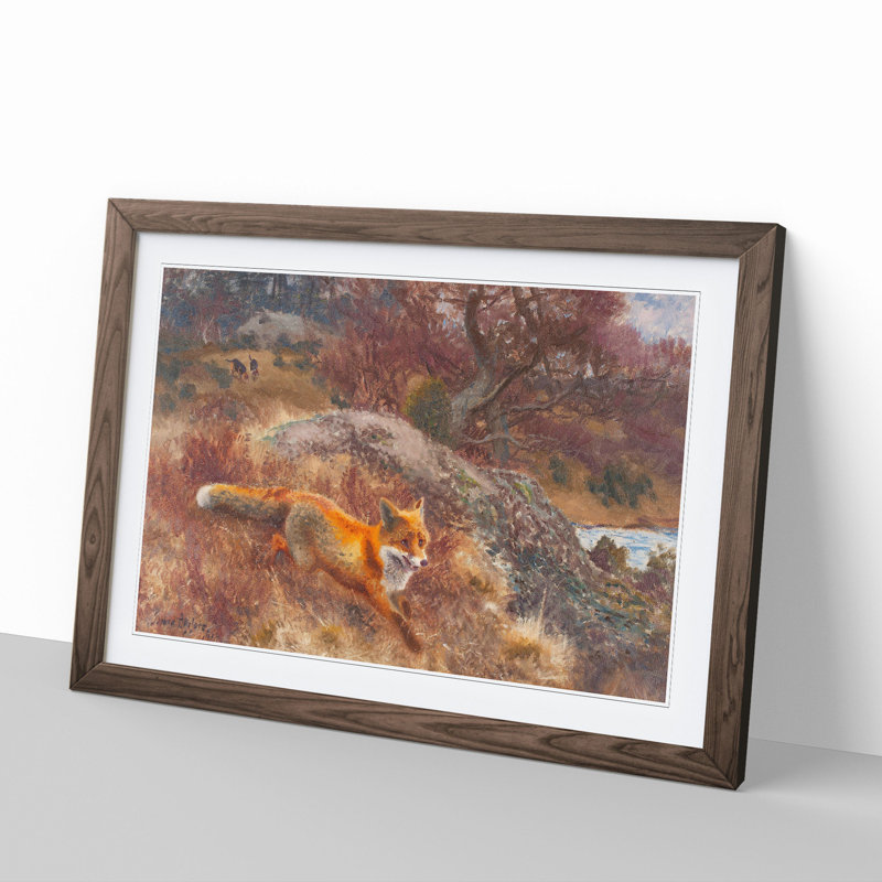 Fox and Hunting Dogs Vol.3 by Bruno Liljefors - Picture Frame Painting, Walnut Framed, 27cm H x 36cm W x 2cm D