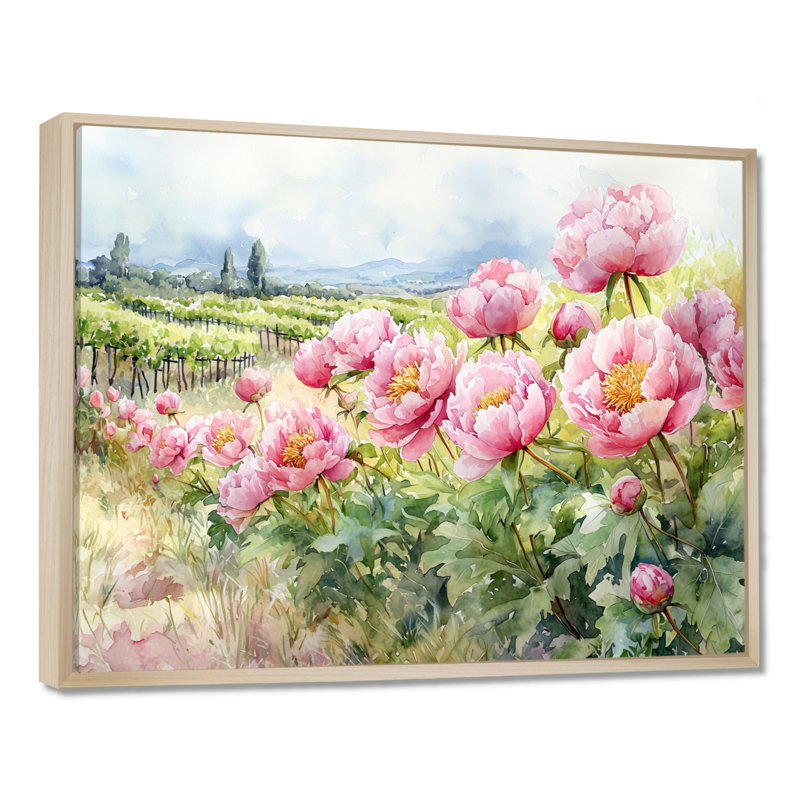 Ivoire, pivoines le long du vignoble II - pivoines, art mural, H 12 po x l 20 po, Impression encadrée flottante, Crème, crème