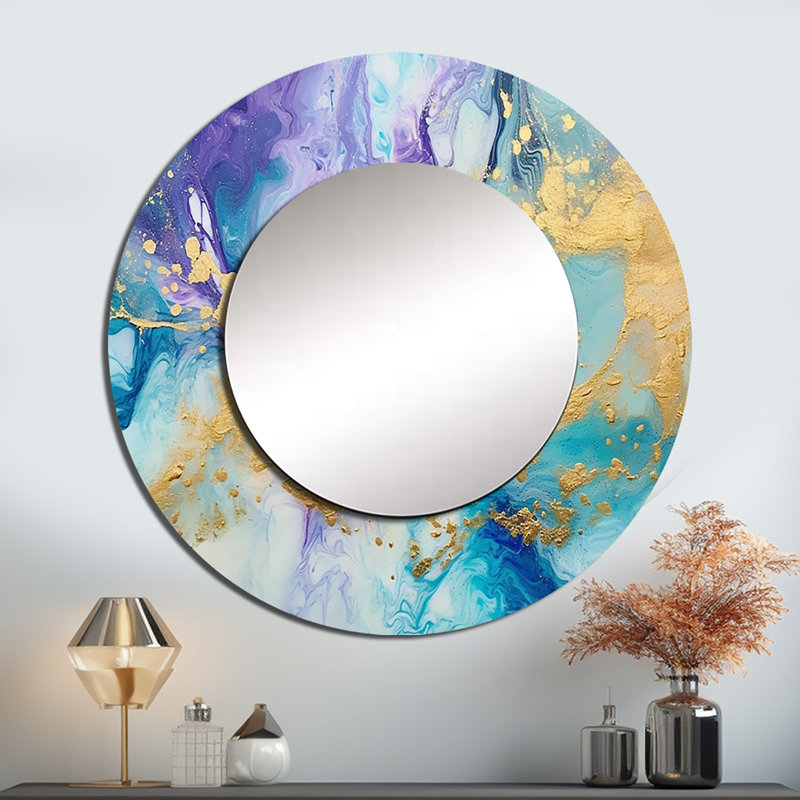 Turquoise and Purple Liquid Art IV - Fractals Mirror, Turquoise Round Unique Wall Mirror, Printed Metal Art, 36" x 36"