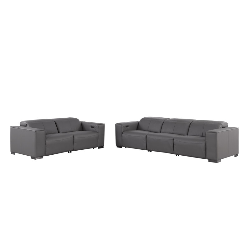 Luxurious Modular Power Reclining Sofa And Loveseat Set – Genuine Leather With Power Headrests, Dark Gray