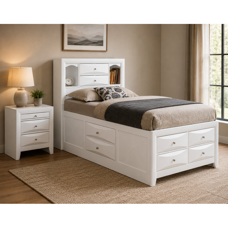 Loviisa Black 2pc Bedroom Set with Full Bookcase Storage Bed, Blanc, Twin
