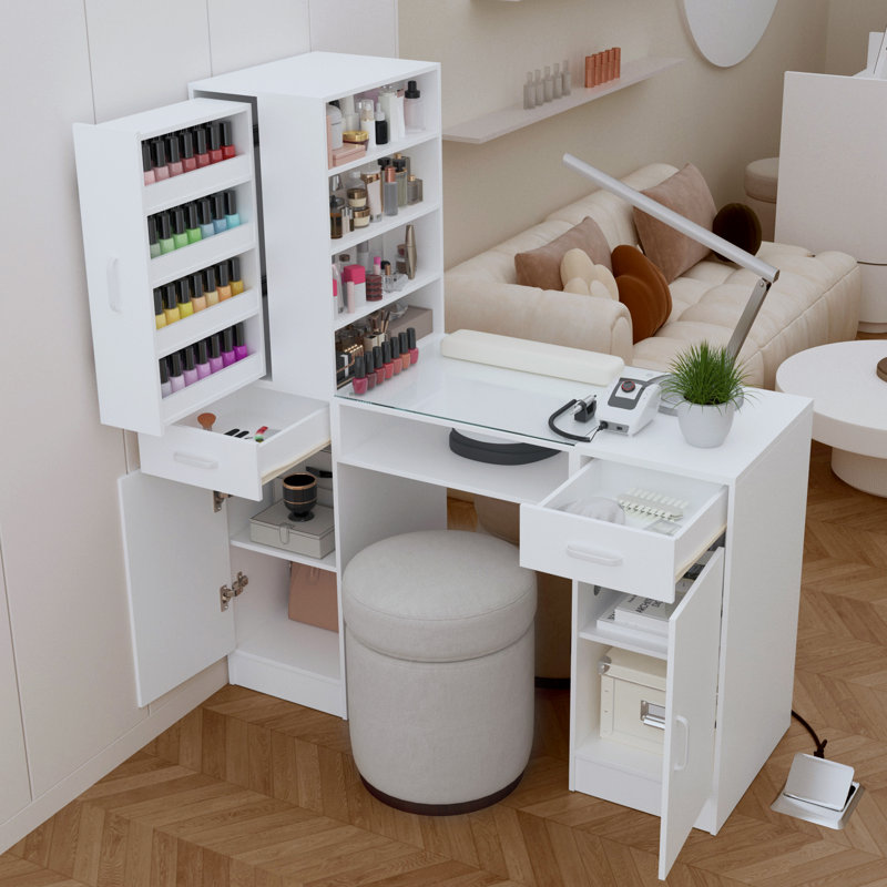 Table de manucure avec tiroirs et tablettes de rangement, bureau à clous avec plateau en verre, coussin de poignet et prise de courant