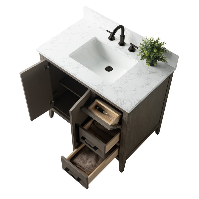Meuble-lavabo simple 36 po avec plateau en marbre Chambery, Bois flottant gris, Noir mat