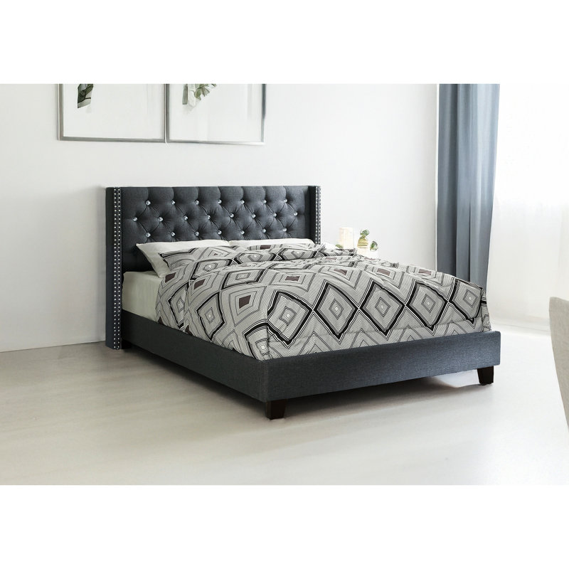 Blue Gray Contemporary Full Size Bed With Diamond Headboard, Plastic Legs, 12 - Slat System, Plywood, Full